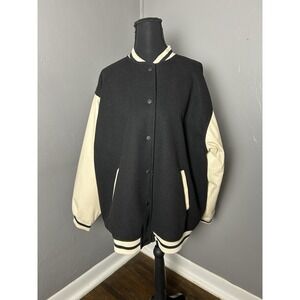 H&M Letterman Style Jacket Black Felt With Faux Leather Tan Sleeves Size Large